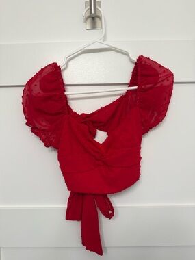 SHEIN Red Puff Sleeve Tie-Back Crop Top